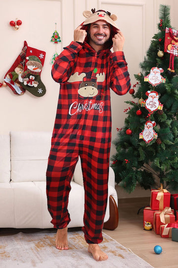 Red One Piece Deer Printed Plaid Matching Family Pajamas